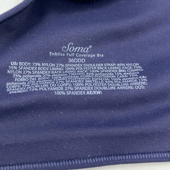 Soma Enbliss Full Coverage Bra Back Closure  Underwire 36DDD Navy 36F - Picture 7 of 7